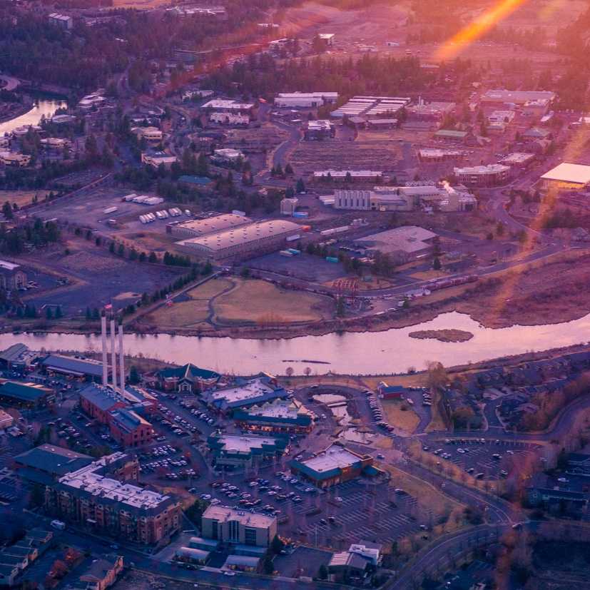 Aerial view of Bend, OR at sunrise